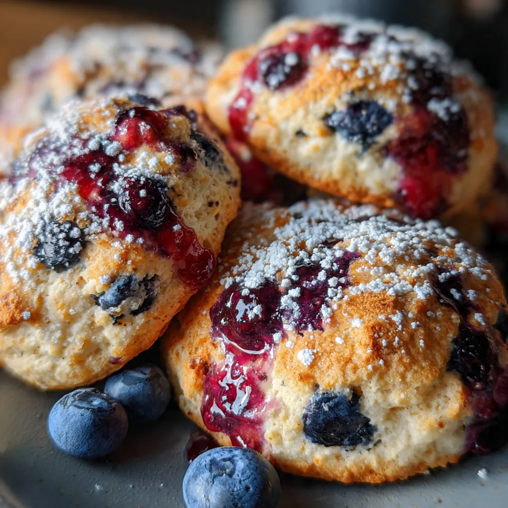 A batch of golden buttery thumbprint cookies filled with glossy purple blueberry jam on a rustic table