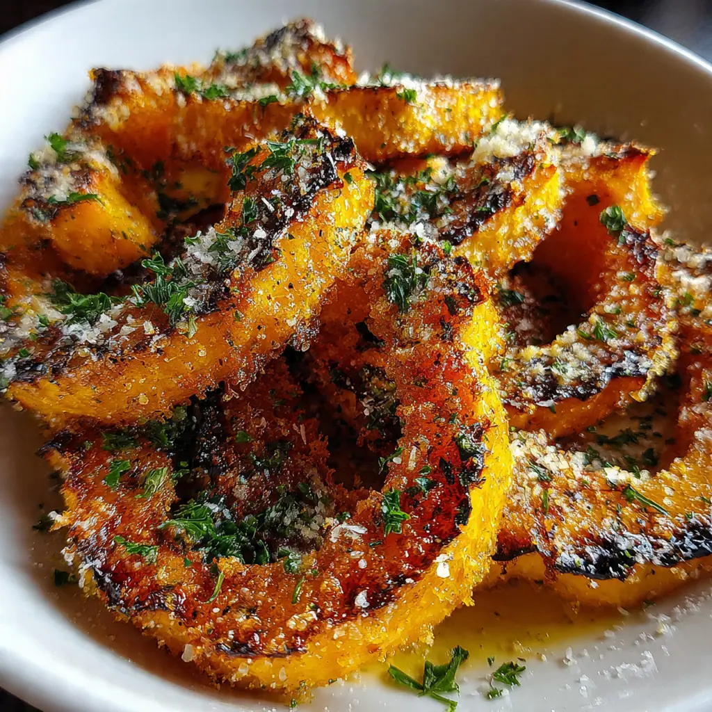 Crispy roasted Parmesan squash slices on a white platter with melted golden cheese and fresh parsley