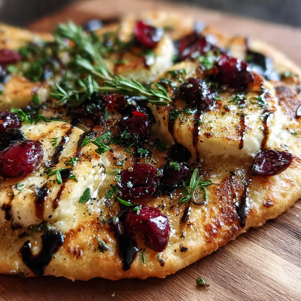 A rustic wooden board holding a freshly baked flatbread topped with melted brie, crimson cranberries, and toasted walnuts.