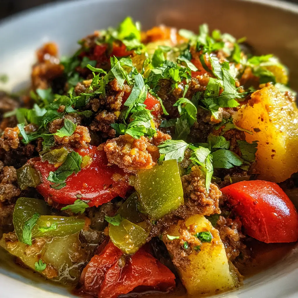 Skillet of savory Green Chile Picadillo Beef with plump raisins and toasted almonds mixed throughout
