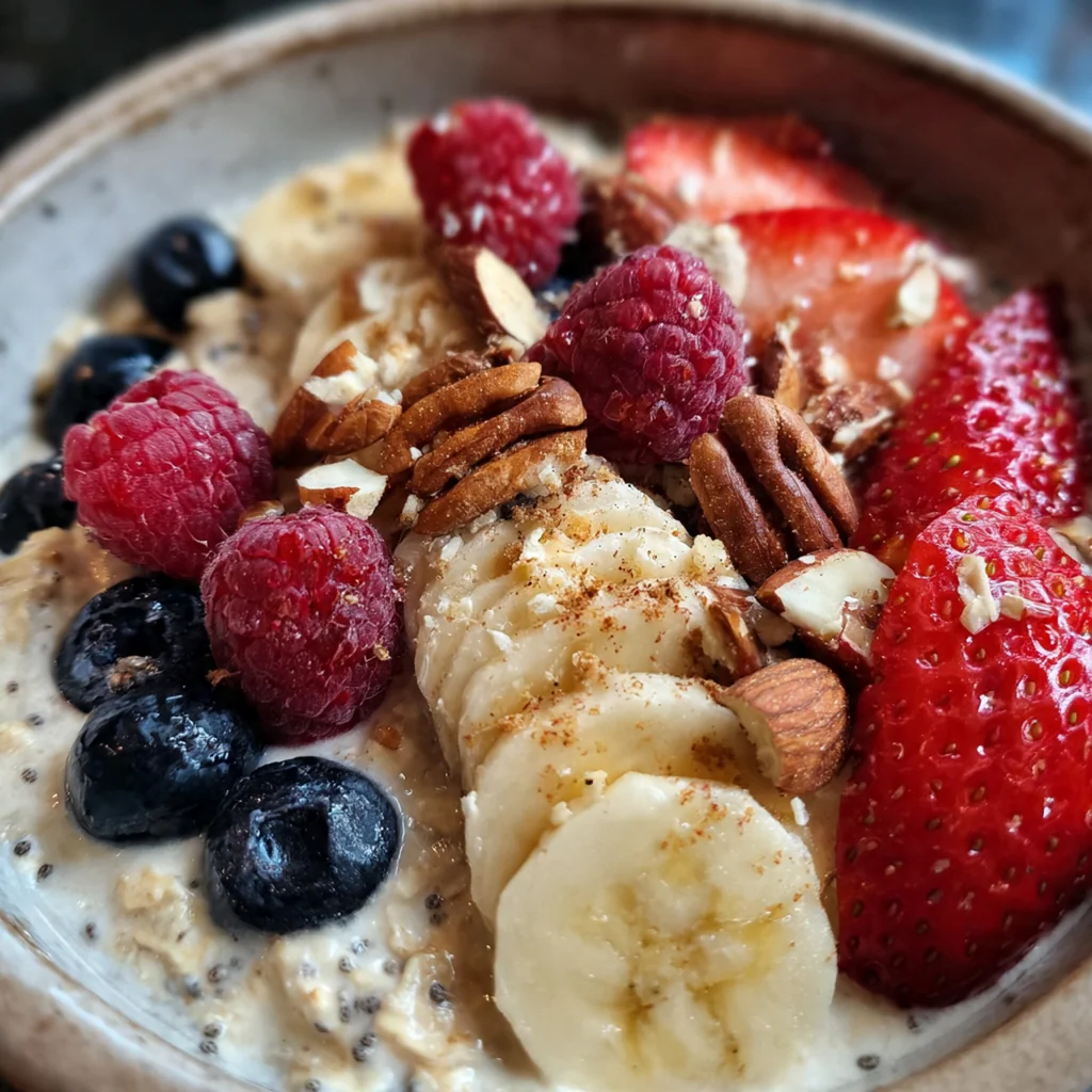 Two glass jars of creamy berry almond overnight oats with vibrant mixed berries and sliced almonds on top