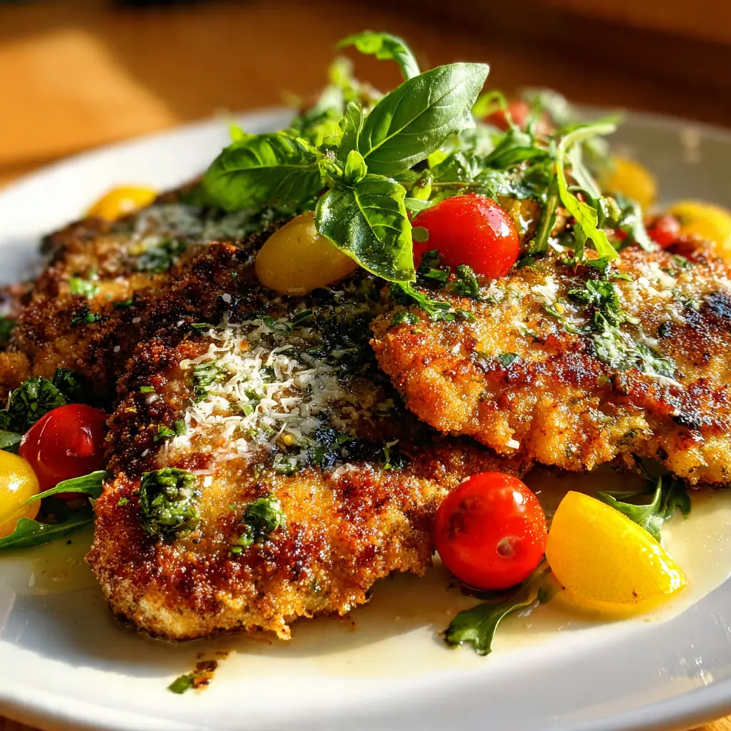Golden brown Italian basil chicken cutlets smothered in a vibrant sauce with burst cherry tomatoes and fresh basil