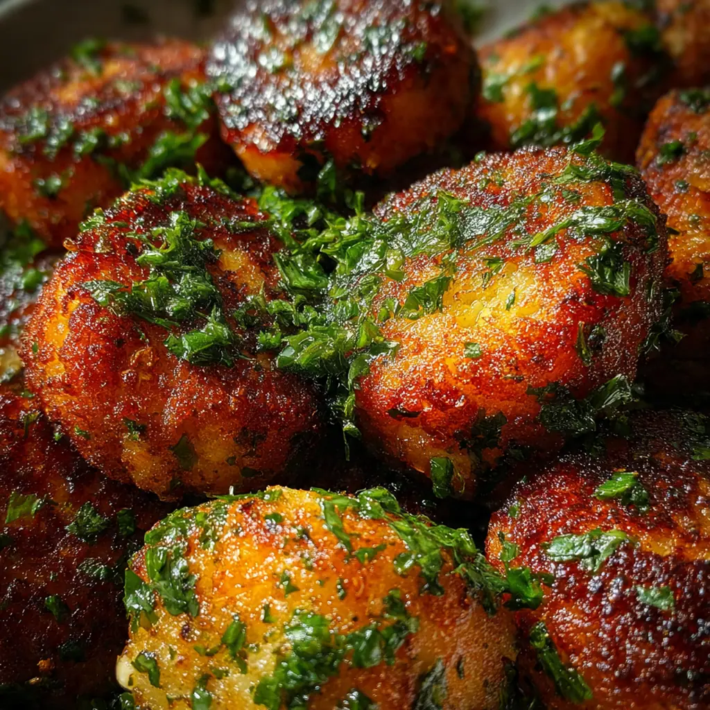 A rustic platter of golden brown ham croquettes with a bowl of grainy mustard for dipping