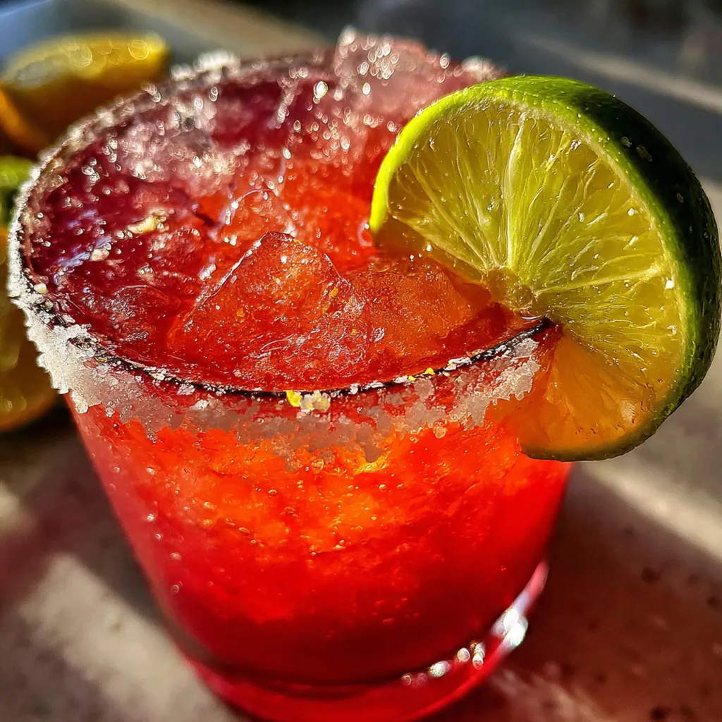 A frosty salt-rimmed glass filled with a classic margarita and a lime wheel garnish
