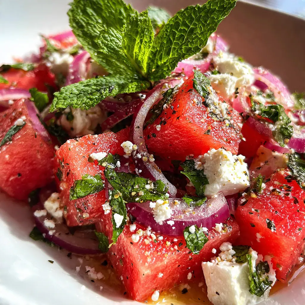A vibrant platter of watermelon salad with feta and mint on a rustic wooden table