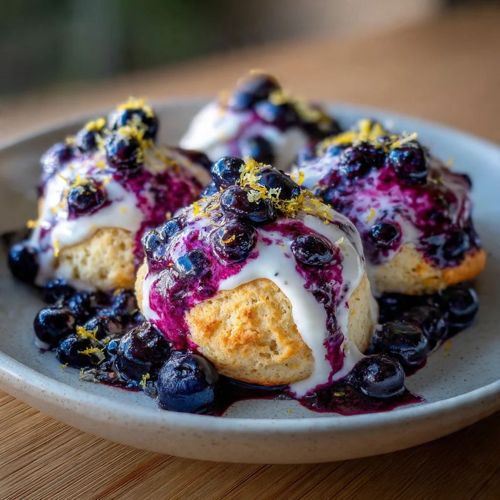 A cast iron skillet filled with golden brown Blueberry Butter Swim Biscuits fresh from the oven