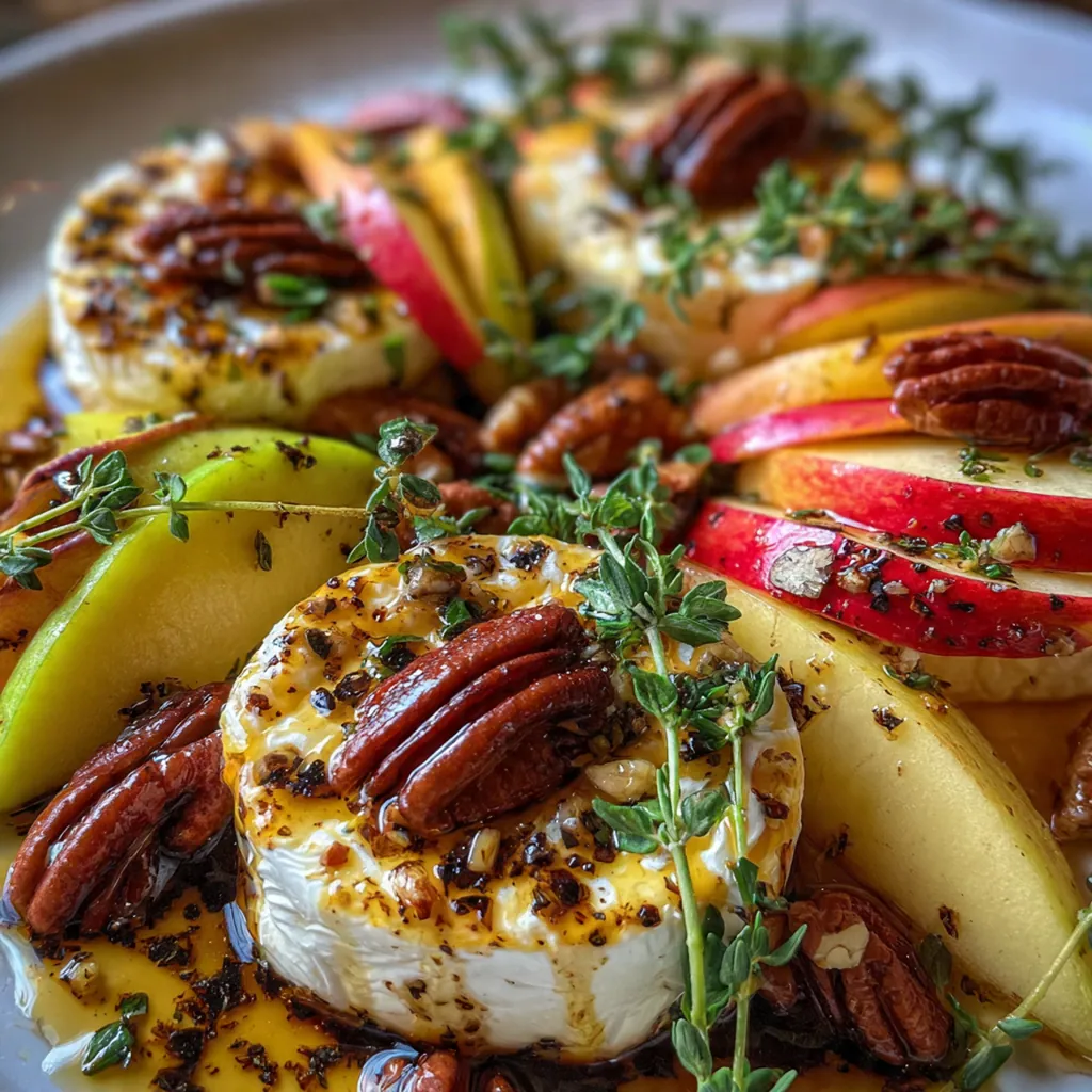 A wheel of baked brie overflowing with warm sautéed apples, toasted pecans, and glossy maple syrup