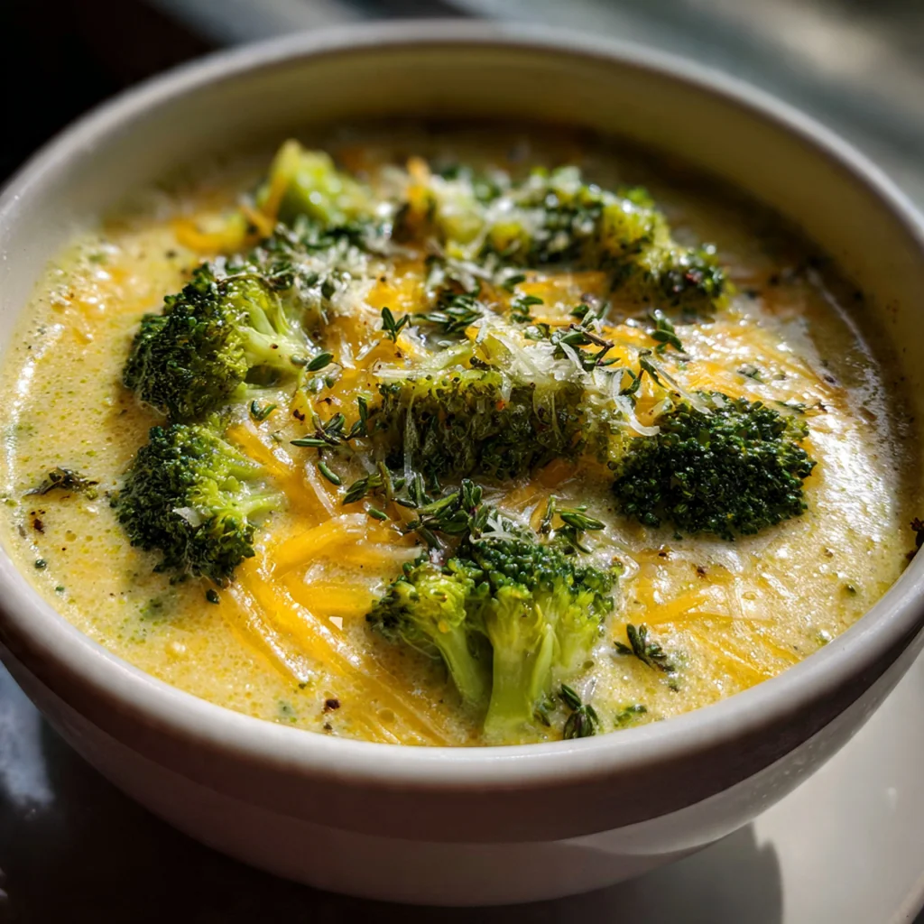A steamy bowl of creamy homemade broccoli cheddar soup with visible florets and a sprinkle of cheese