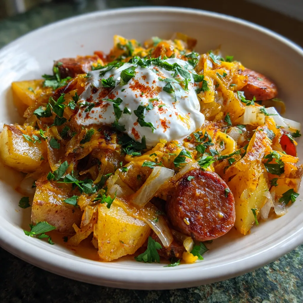 A cast iron skillet filled with cheesy potato kielbasa bake, bubbling with melted cheddar and sprinkled with fresh parsley.