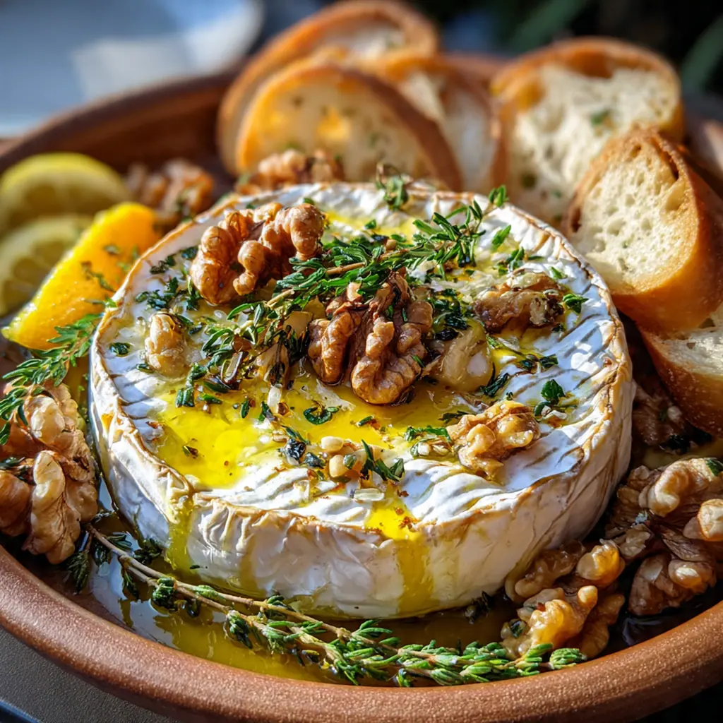 Golden puff pastry wrapped Brie drizzled with honey and sprinkled with toasted walnuts