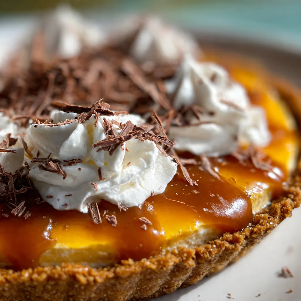 Salted caramel pie with a towering cloud of whipped cream and a drizzle of caramel