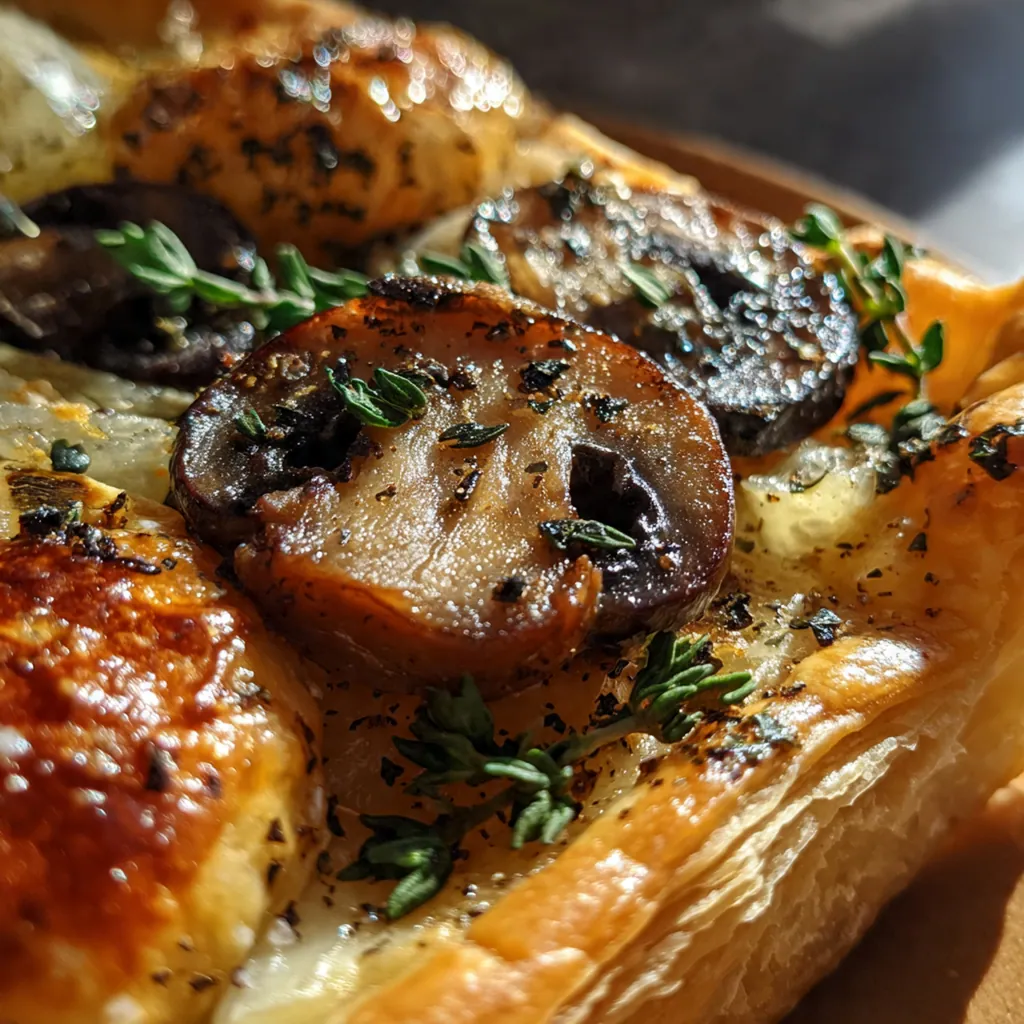 A golden Champignon Gouda Tarte Fine with puffed pastry edges and melted cheese on a rustic wooden board