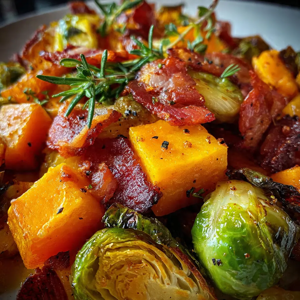 A sheet pan of roasted butternut squash and Brussels sprouts glistening with spicy maple glaze and crispy bacon