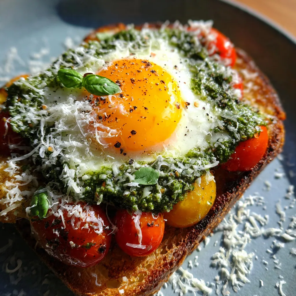 Two perfectly fried eggs with sunny yolks smothered in vibrant green pesto and topped with toasted pine nuts