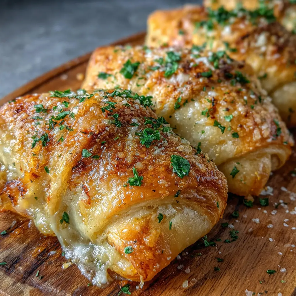 Golden brown cheesy garlic butter rollups fresh from the oven on a baking sheet