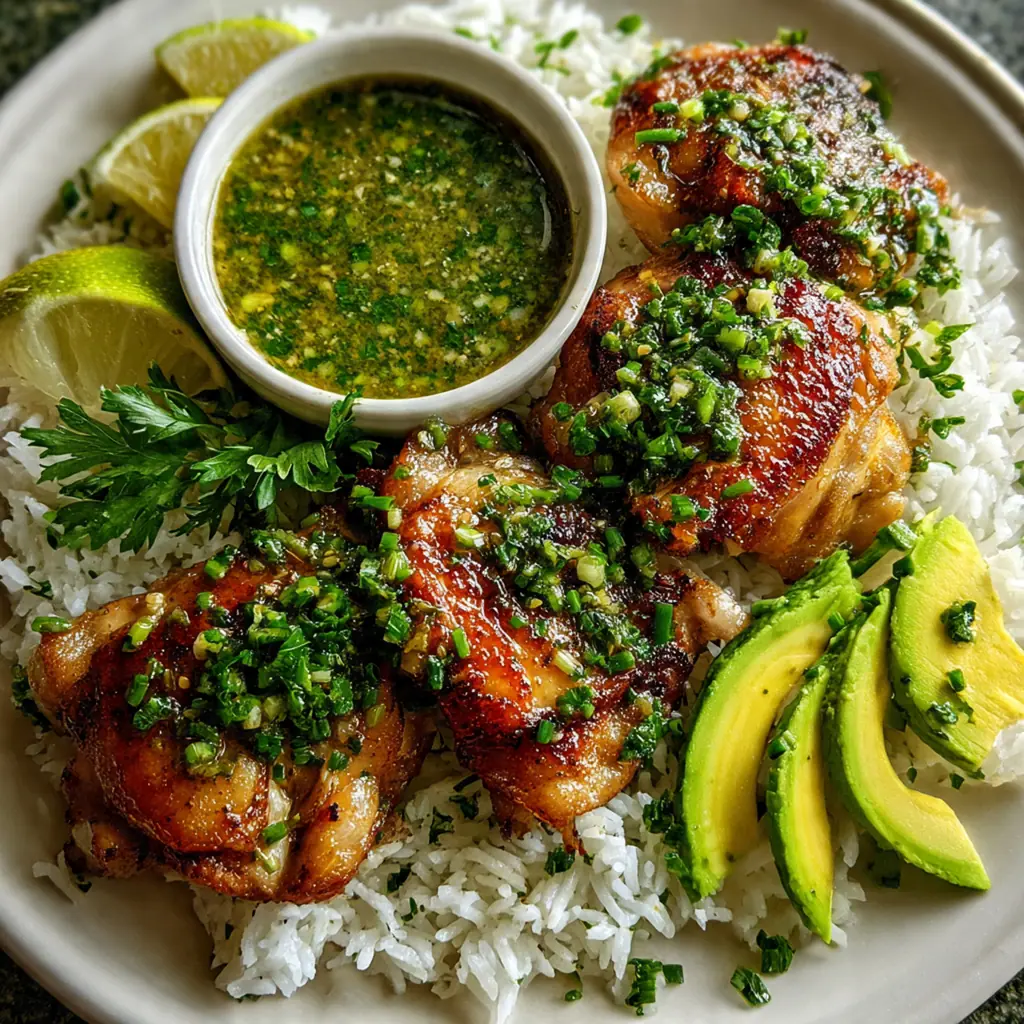 Grilled Peruvian chicken thighs with crispy skin served over vibrant cilantro lime rice
