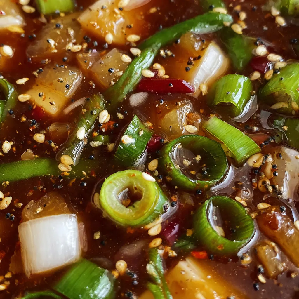 Glossy homemade sweet onion sauce drizzled over a stacked sub sandwich