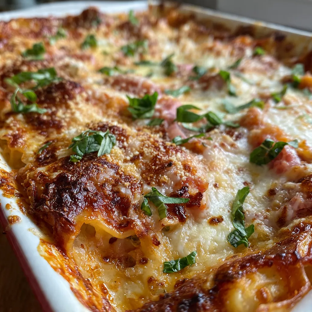 A bubbling golden Easy Ham Cheese Lasagna Bake fresh from the oven in a ceramic dish