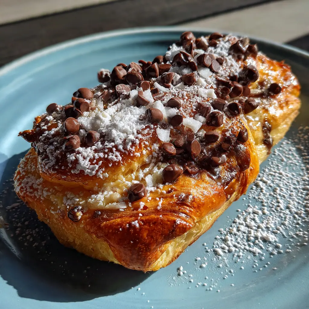 Freshly baked chocolate cream cheese danish with flaky golden pastry and visible chocolate chips in the filling