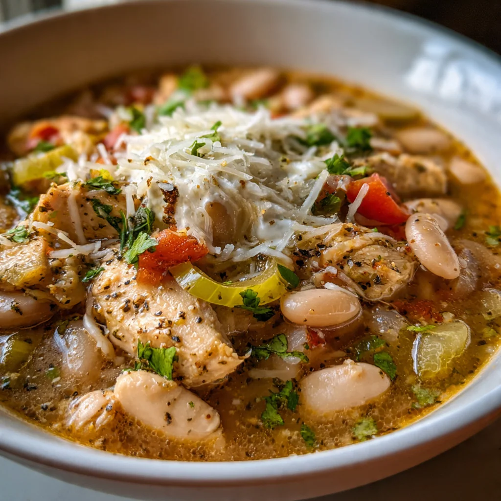 A creamy pot of Cajun white chicken chili with tender chicken pieces and white beans