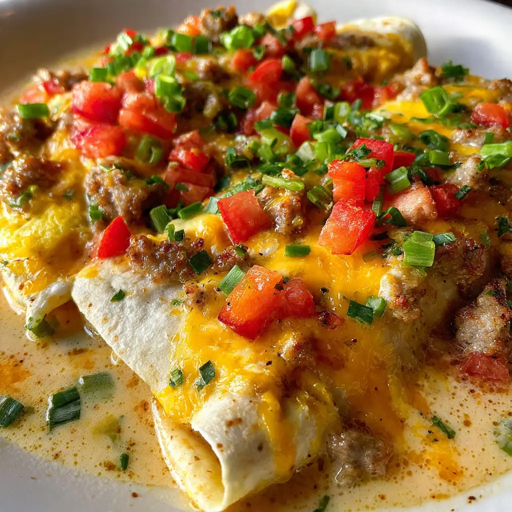 A bubbling baking dish of breakfast enchiladas smothered in creamy sausage gravy and melted cheddar cheese