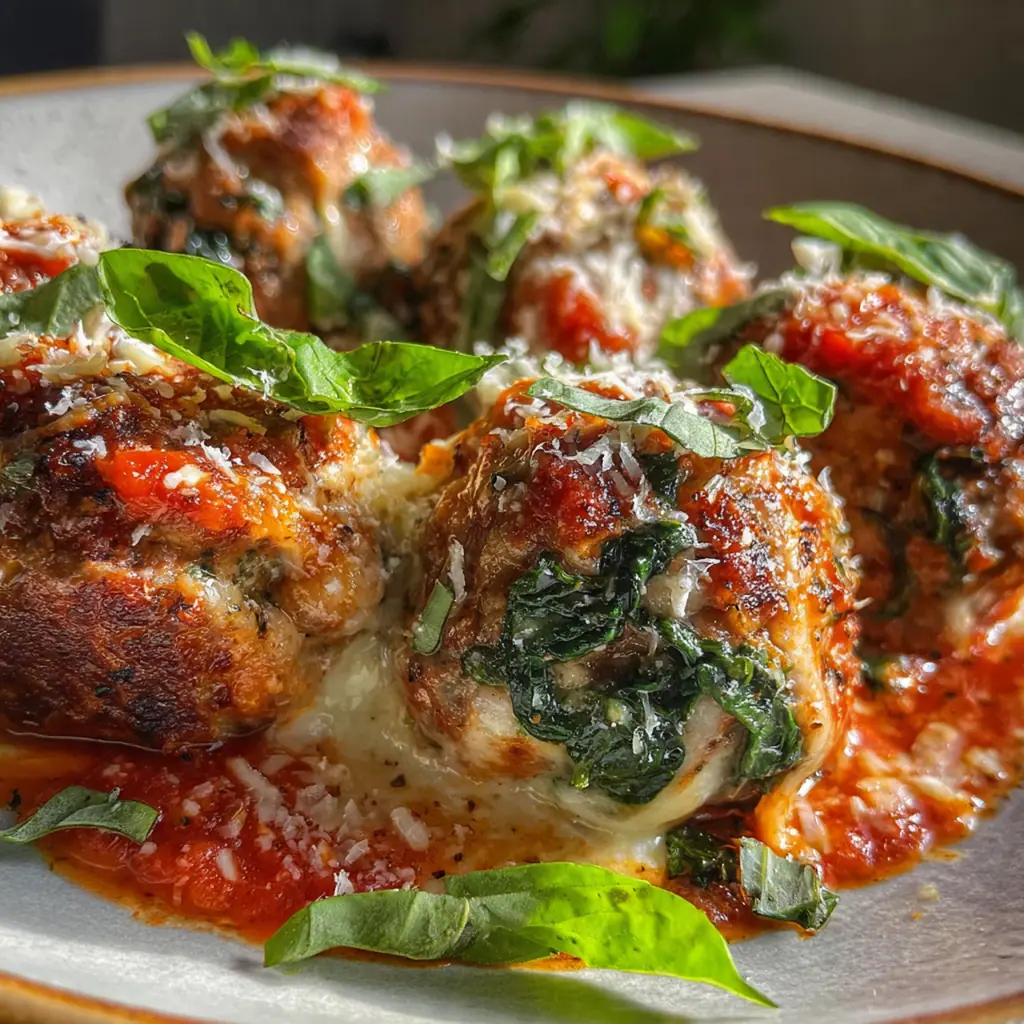 A baking dish filled with golden baked spinach garlic meatballs covered in melted mozzarella and marinara sauce