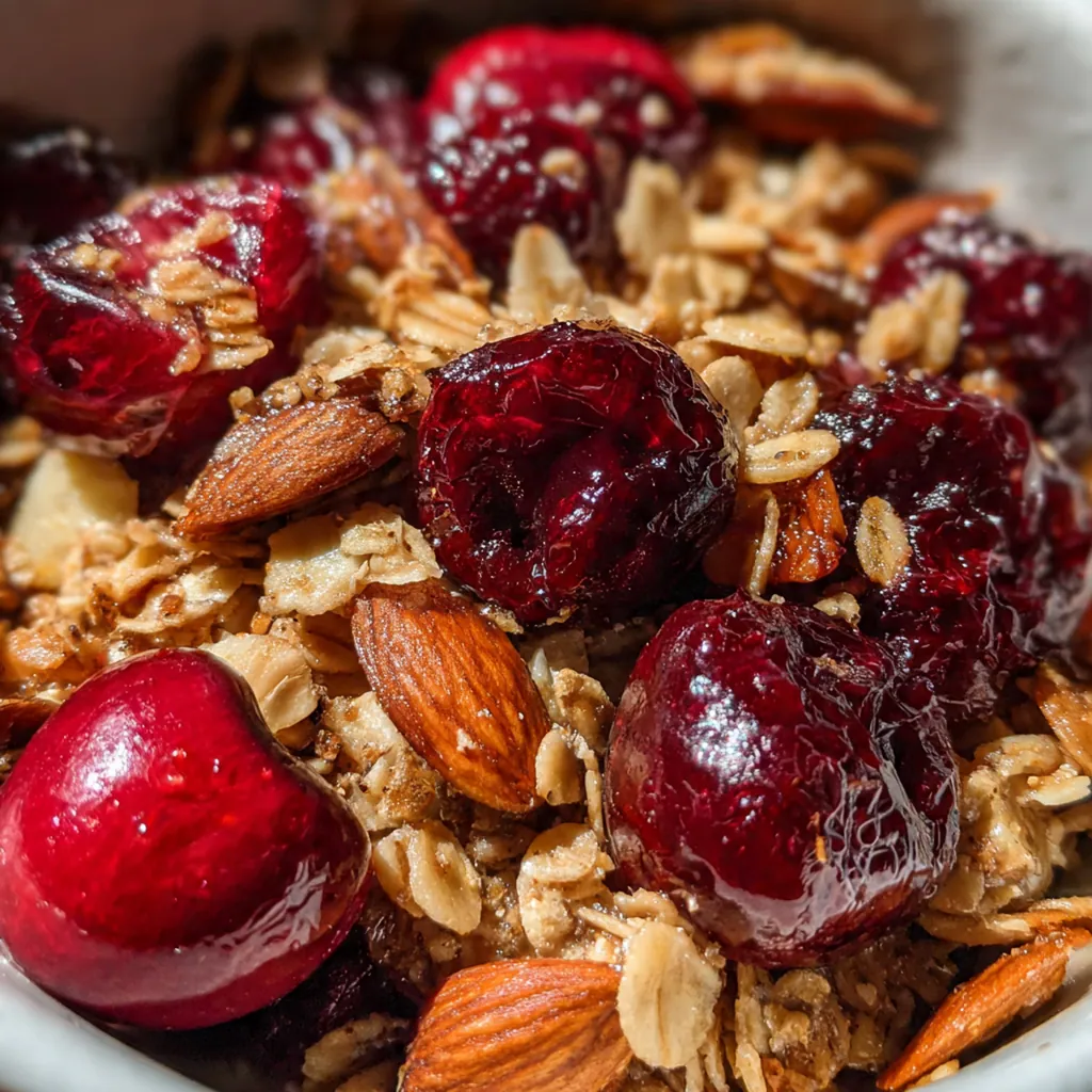 Freshly baked cherry almond crisp with a golden oat topping in a white ceramic dish