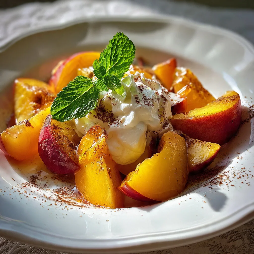 Caramelized peach wedges glistening with cinnamon honey sauce in a cast iron skillet