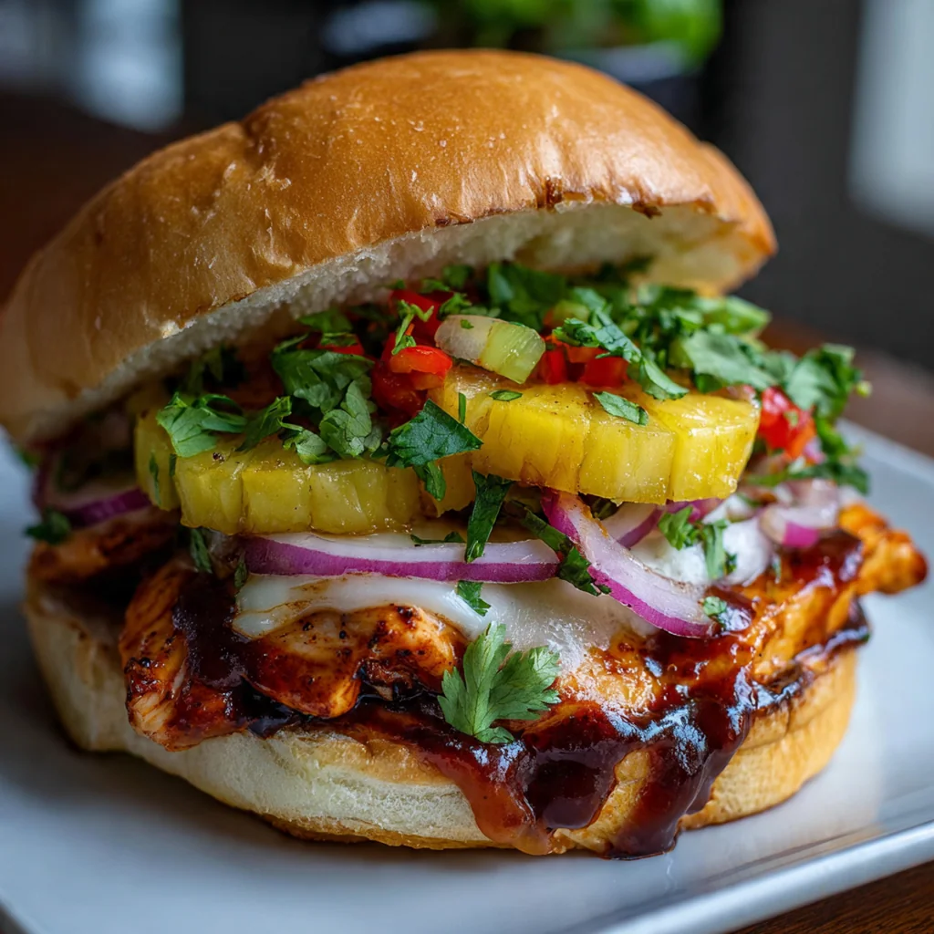 A golden brown BBQ Chicken Pineapple Melt sandwich oozing with melted cheddar and caramelized pineapple