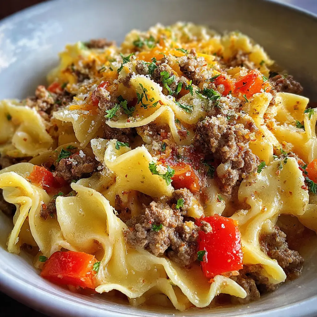 A bubbly golden angel beef casserole fresh from the oven in a ceramic baking dish