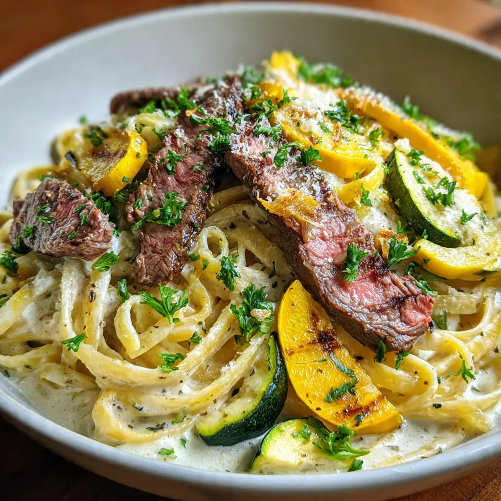 Creamy Steak Alfredo with Roasted Squash in a white bowl topped with fresh parsley and parmesan