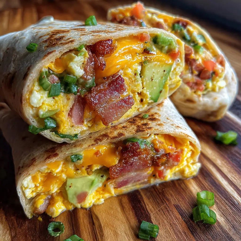 A freshly made bacon egg cheese burrito with a crisp, golden tortilla on a wooden board