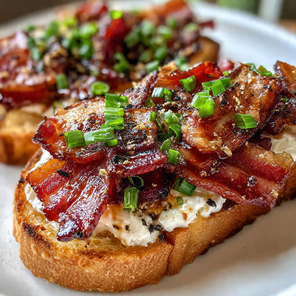 Close-up of crispy bacon slices glistening with a rich, sticky bourbon maple glaze