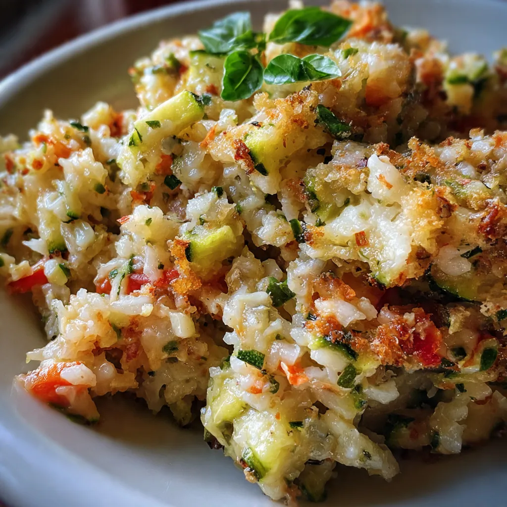 Golden brown zucchini rice stuffing casserole fresh from the oven with a crispy parmesan topping