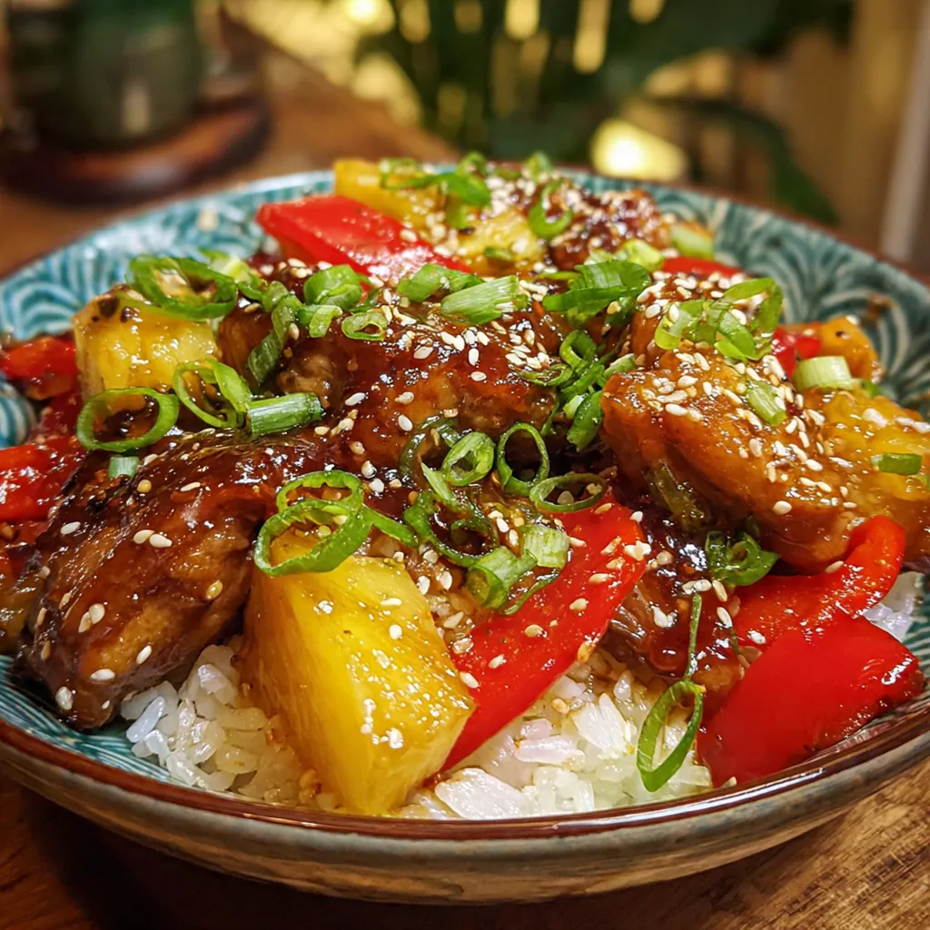 Tender shredded slow cooker Hawaiian chicken in a glossy pineapple soy sauce over white rice