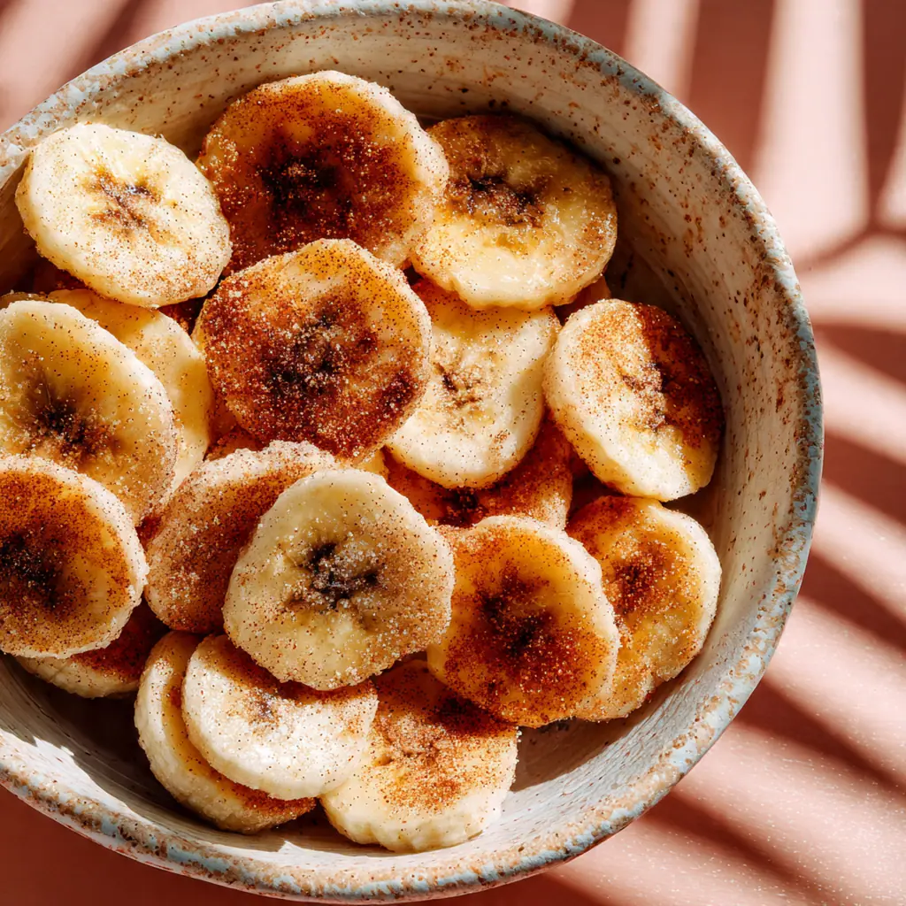 Fresh baked cinnamon sugar banana chips scattered on parchment paper with golden edges