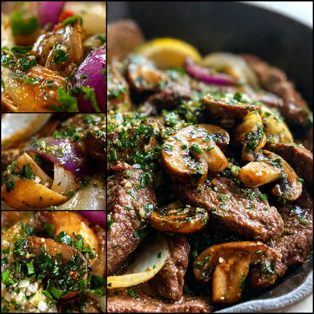 A sizzling skillet filled with tender beef cubes in a rich, creamy garlic butter sauce with mushrooms and wilted spinach.