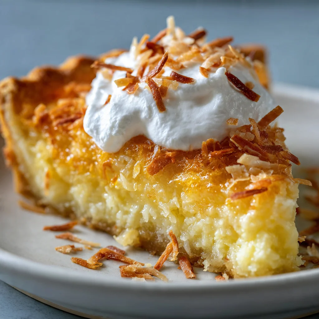 Golden brown crustless coconut pie with a toasted coconut top on a kitchen counter