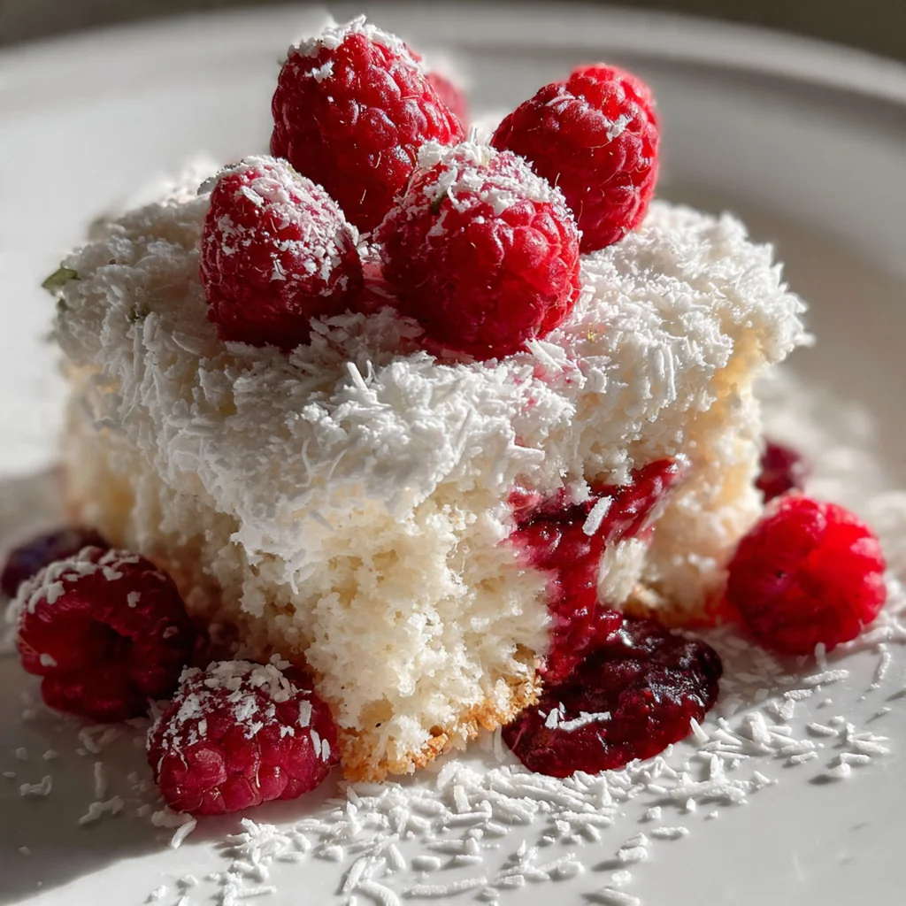 A stunning snowball cake completely covered in toasted coconut with fresh raspberries on top
