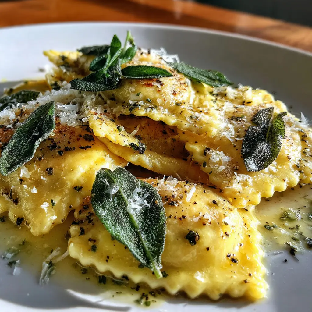 Golden brown butter sauce with crispy sage leaves and garlic in a skillet before adding ravioli