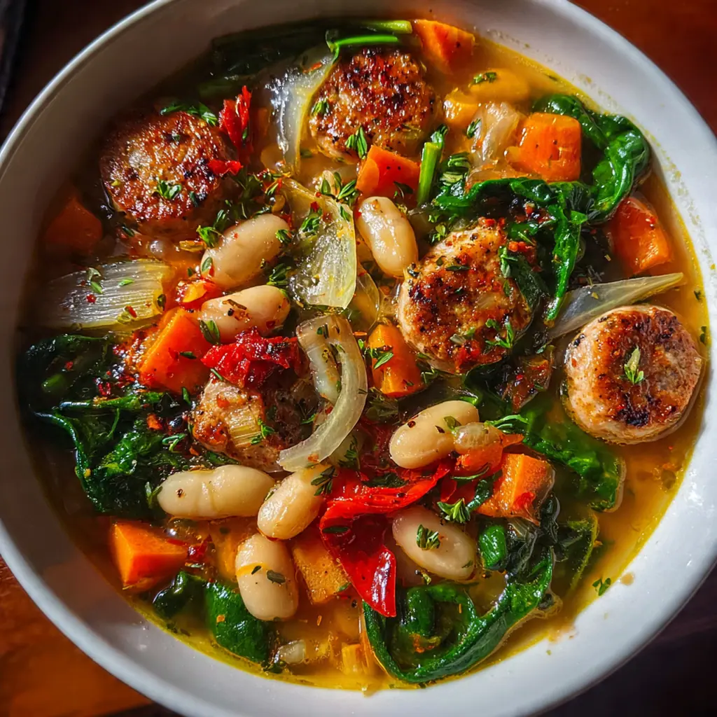 Hearty chicken sausage bean soup in a rustic bowl with fresh parsley garnish