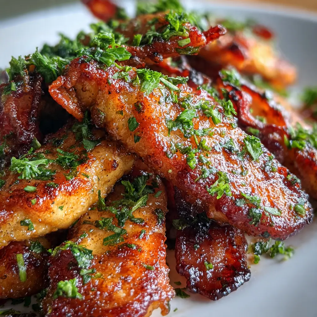 A close-up of crispy Bacon Brown Sugar Tenders fresh from the oven with a caramelized crust