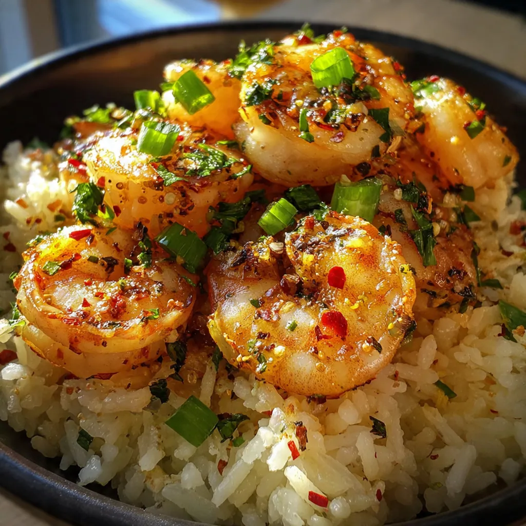 A close-up of a garlic butter shrimp rice skillet with plump pink shrimp nestled in fluffy, golden rice