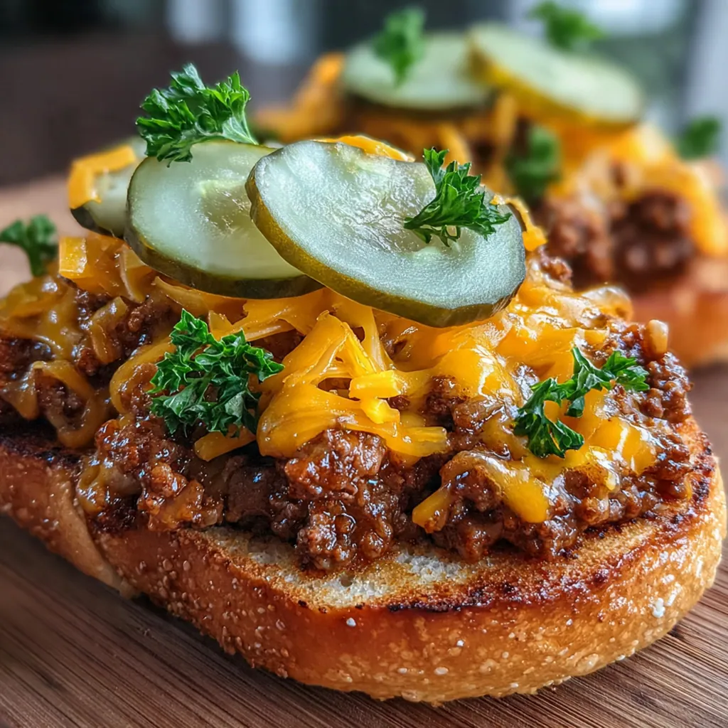 A close-up of ultimate cheesy sloppy joe toast with melted cheddar dripping over saucy beef on golden bread