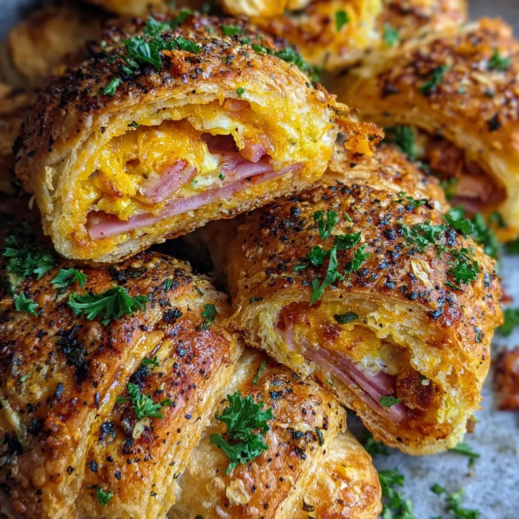 A baking sheet full of golden brown ham and cheddar crescent rollups fresh from the oven