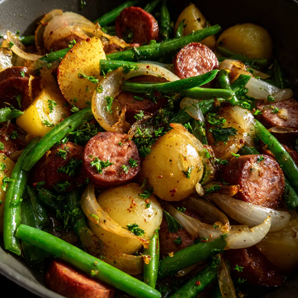 A hearty skillet filled with smoked sausage, red potatoes, and green beans in a savory broth