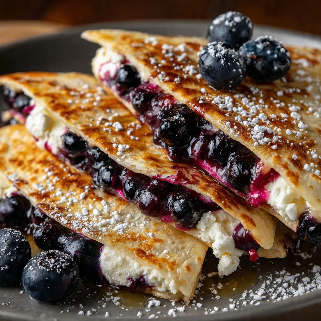 A golden brown breakfast quesadilla sliced into wedges on a white plate, with creamy blueberry filling peeking out
