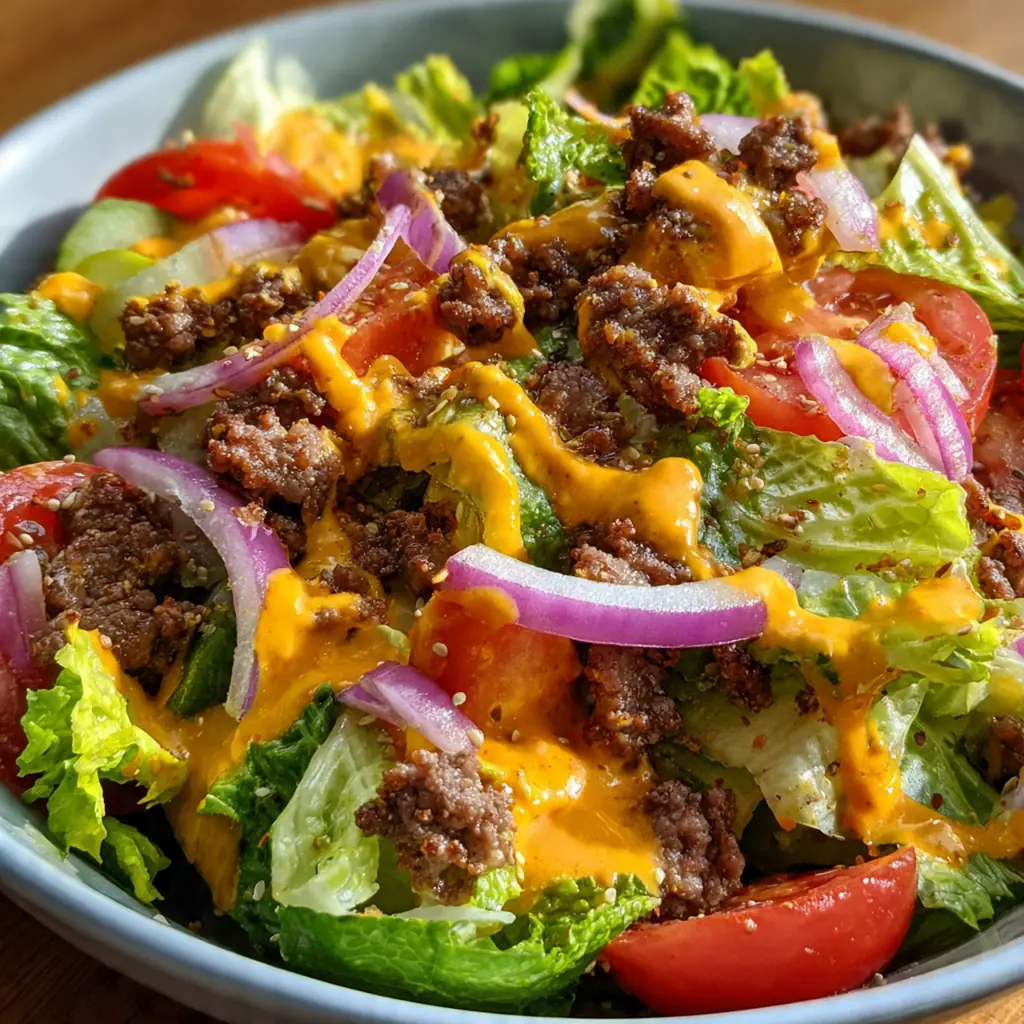 A vibrant Big Mac Salad Bowl with seasoned beef and special sauce drizzled over crisp lettuce