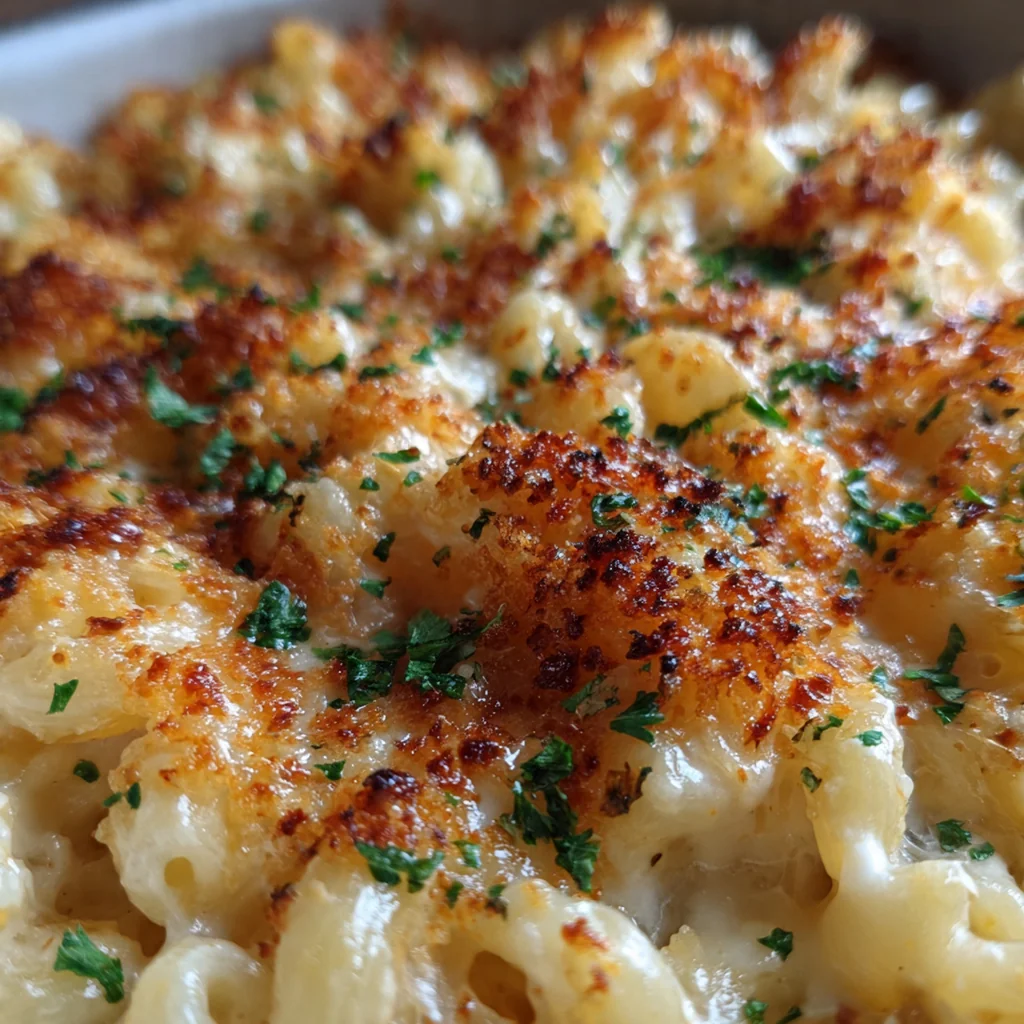 A bubbling golden brown Five Cheese Macaroni Bake fresh from the oven in a ceramic dish