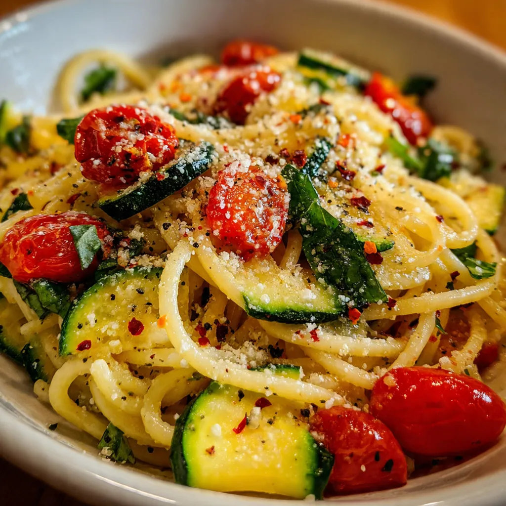 A skillet brimming with vibrant tomato zucchini pasta basil, glossy with sauce and scattered with fresh green basil
